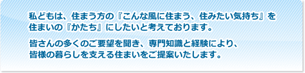 私どもは、住まう方の「こんな風に住まう、住みたい気持ち」を住まいの「かたち」にしたいと考えております。皆さんの多くのご要望を聞き、専門知識と経験により、皆様の暮らしを支える住まいをご提案いたします。